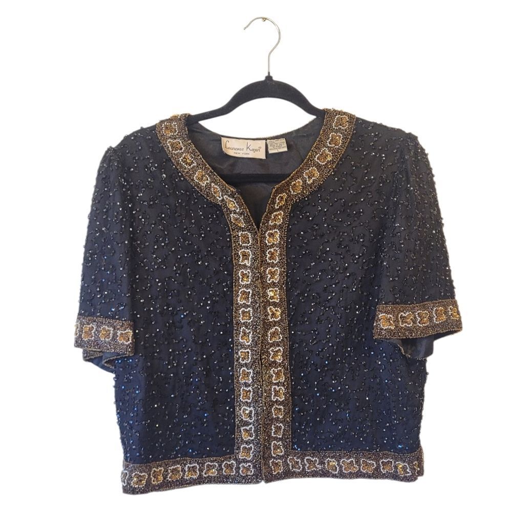 Vintage Laurence Kazar Black & Gold Beaded Silk Cardigan Size L